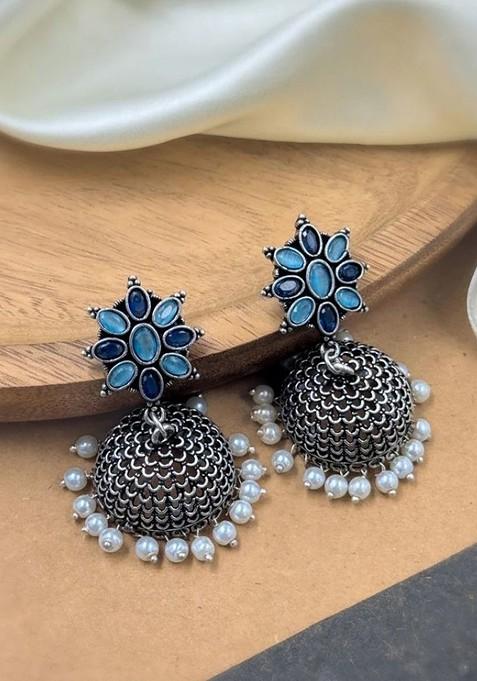 Silver Plated Artificial Stones And Beads Oxidised Contemporary Jhumkas