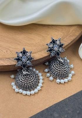 Silver Plated Artificial Stones And Beads Oxidised Contemporary Jhumkas