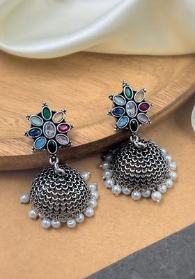 Silver Plated Artificial Stones And Beads Oxidised Contemporary Jhumkas