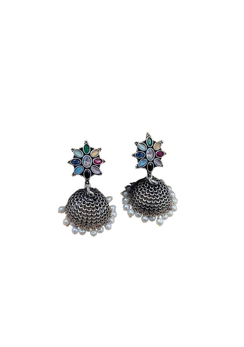 Silver Plated Artificial Stones And Beads Oxidised Contemporary Jhumkas