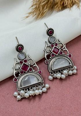 Silver Plated Artificial Stones Studded Contemporary Shaped Drop Earrings