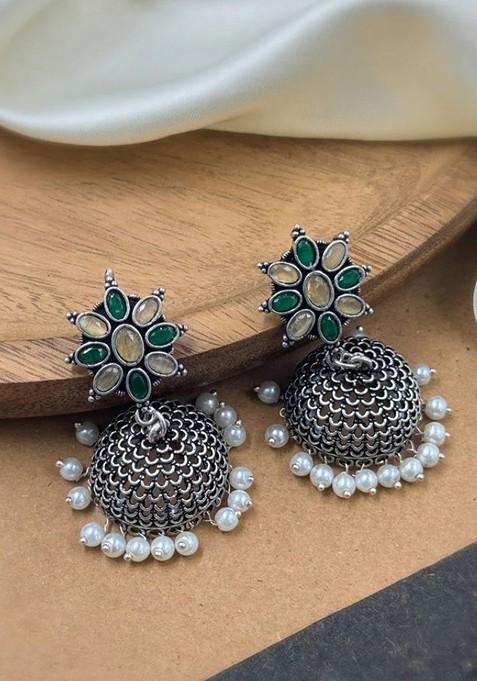 Silver Plated Artificial Stones And Beads Oxidised Contemporary Jhumkas