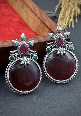 Silver Plated Artificial Stones Studded Oxidised Contemporary Drop Earrings