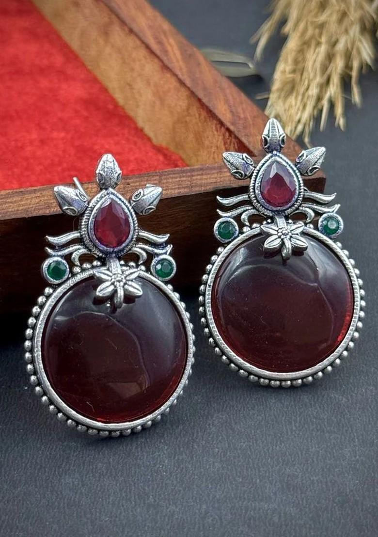 Silver Plated Artificial Stones Studded Oxidised Contemporary Drop Earrings