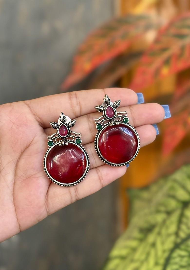 Silver Plated Artificial Stones Studded Oxidised Contemporary Drop Earrings