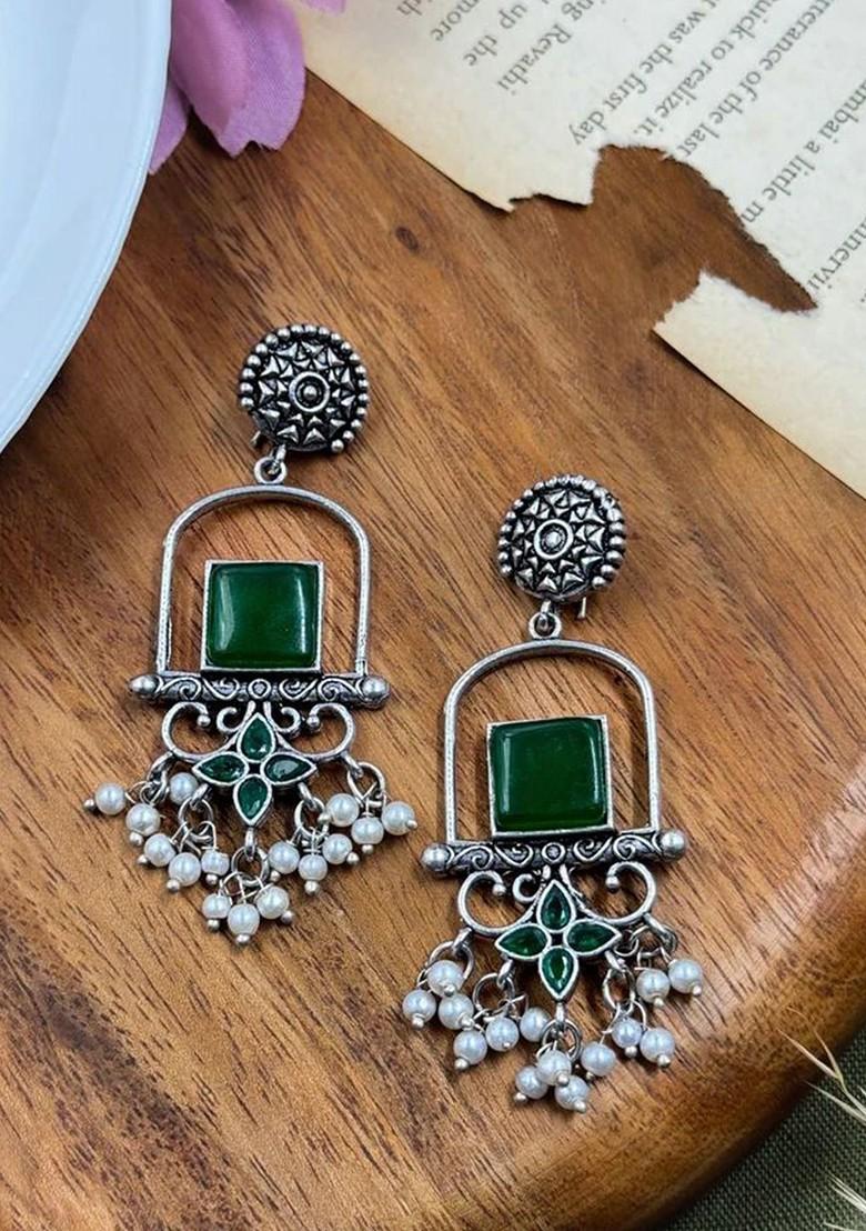 Silver Plated Artificial Stones Studded Geometric Drop Earrings