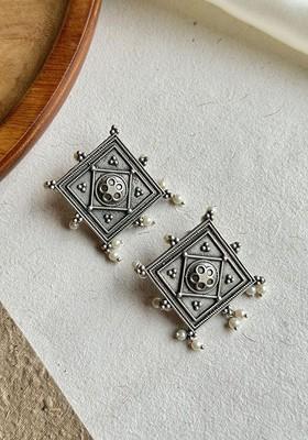 Silver Plated Artificial Beaded Square Shaped Oxidised Studs