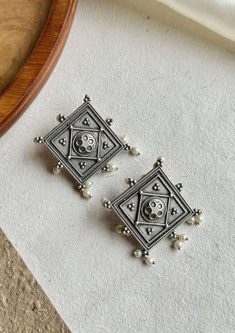 Silver Plated Artificial Beaded Square Shaped Oxidised Studs - Indya