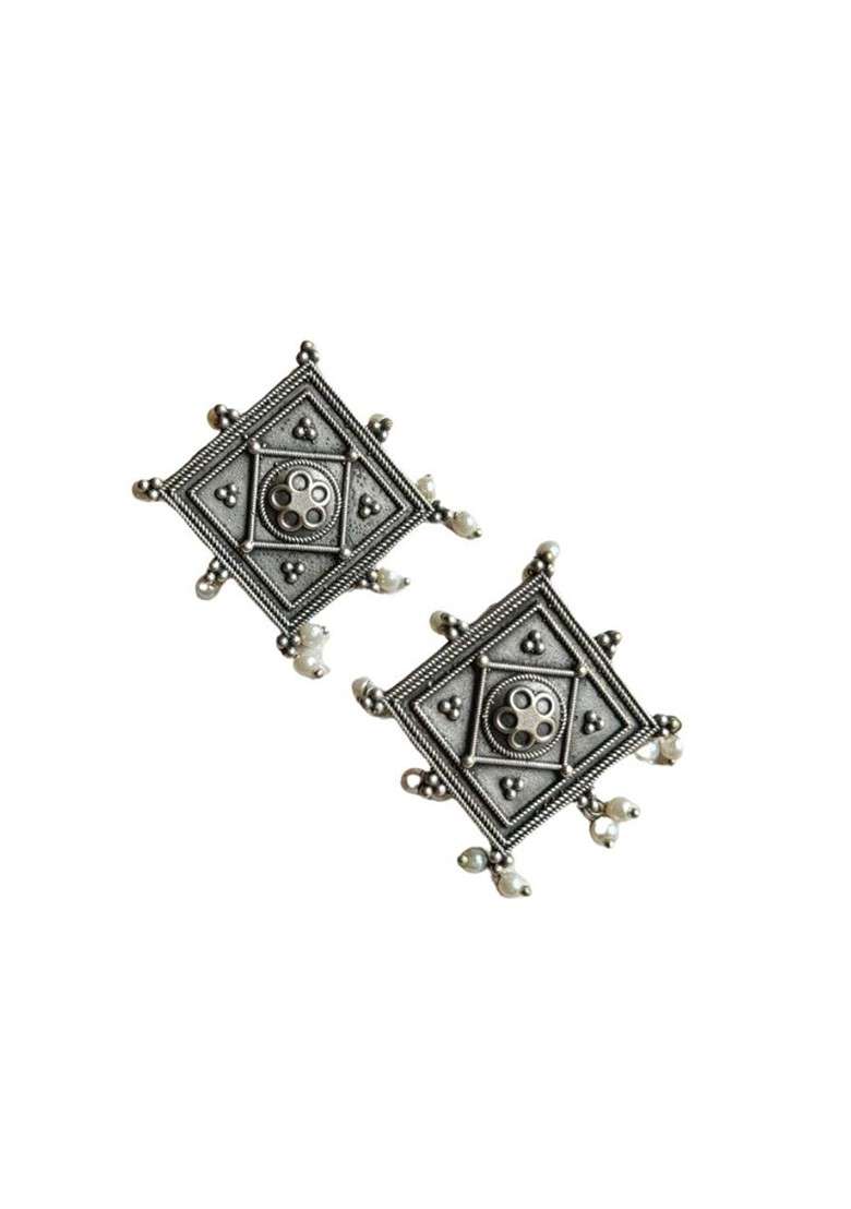 Silver Plated Artificial Beaded Square Shaped Oxidised Studs - Indya
