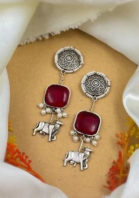 Silver Plated Stones Studded And Beaded Animal Shaped Oxidised Drop Earrings