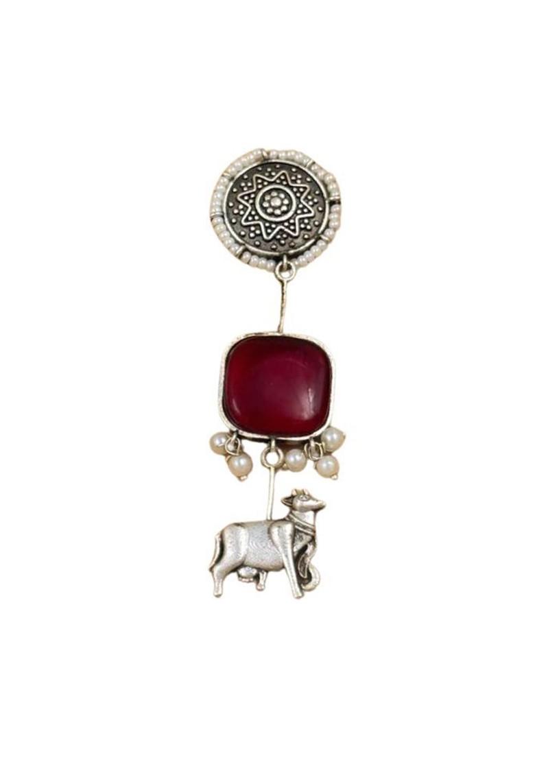 Silver Plated Stones Studded And Beaded Animal Shaped Oxidised Drop Earrings