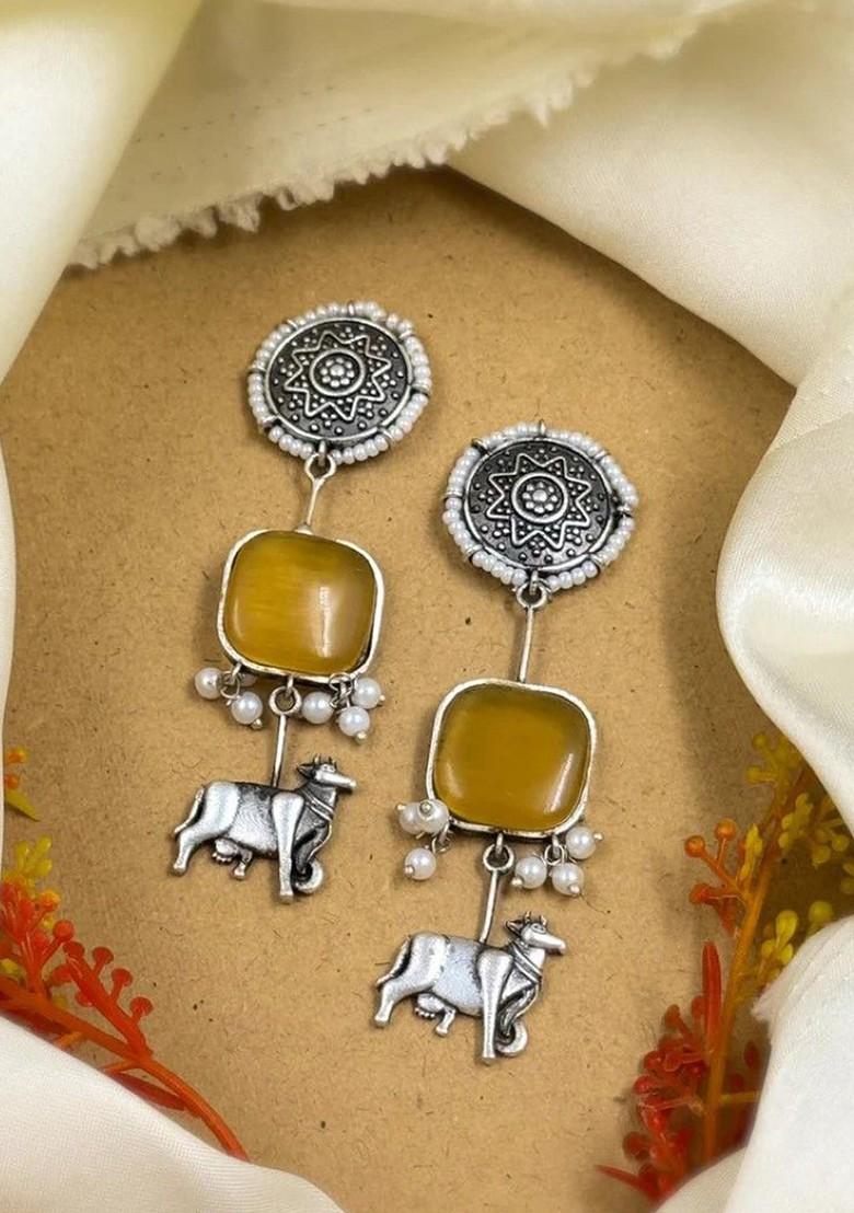 Silver Plated Stones Studded And Beaded Animal Shaped Oxidised Drop Earrings