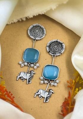 Silver Plated Stones Studded And Beaded Animal Shaped Oxidised Drop Earrings