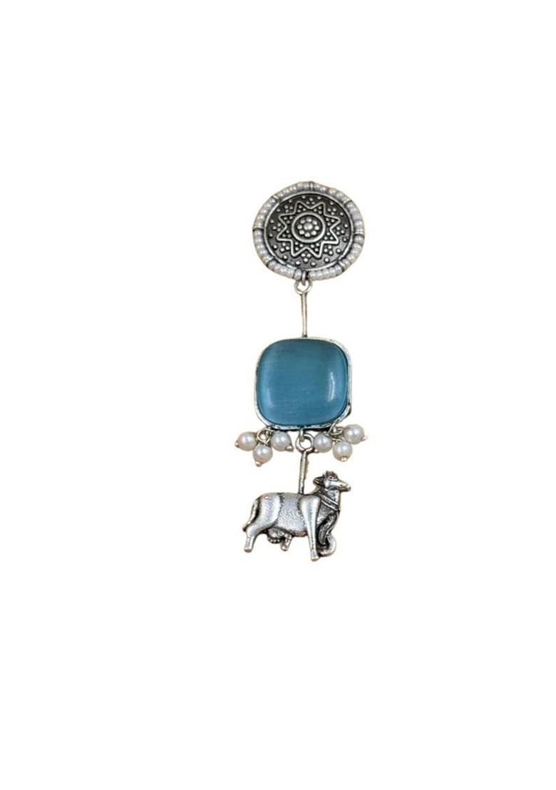 Silver Plated Stones Studded And Beaded Animal Shaped Oxidised Drop Earrings
