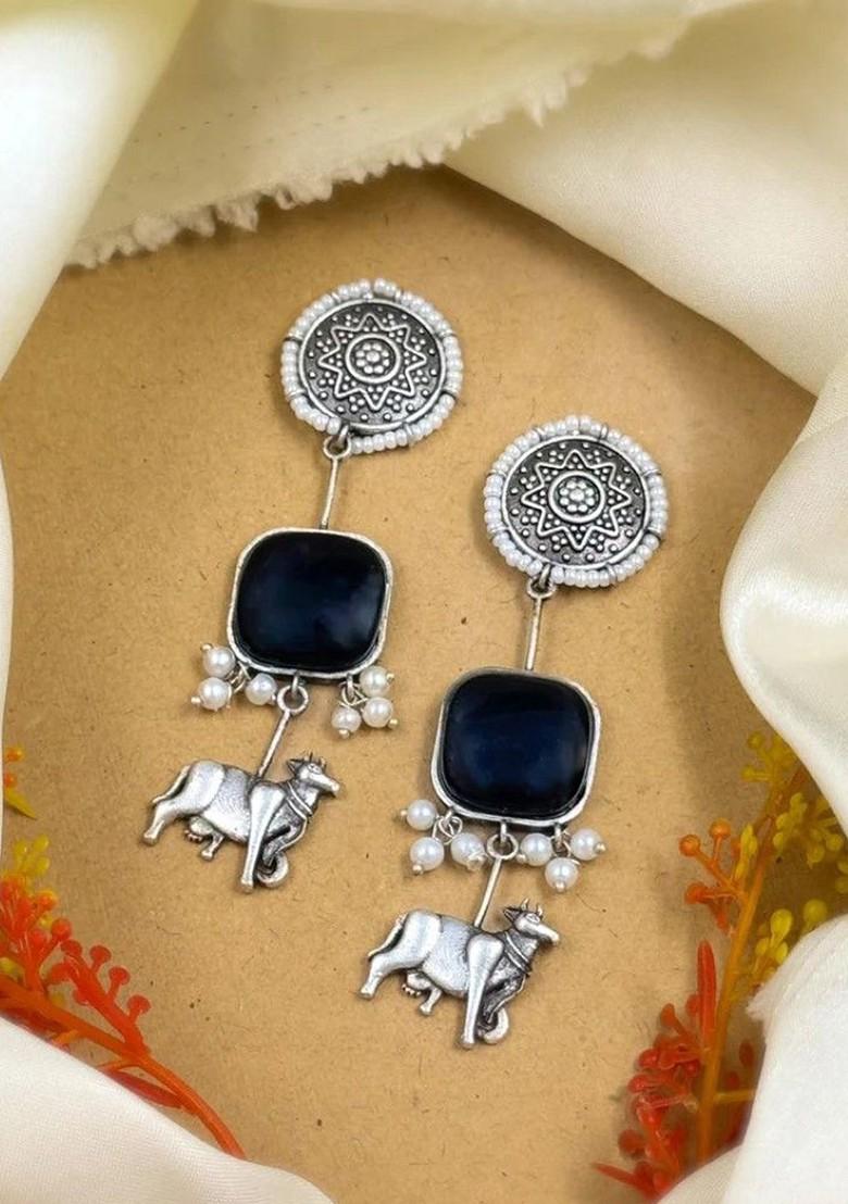 Silver Plated Stones Studded And Beaded Animal Shaped Oxidised Drop Earrings