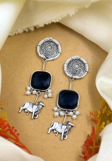 Silver Plated Stones Studded And Beaded Animal Shaped Oxidised Drop Earrings