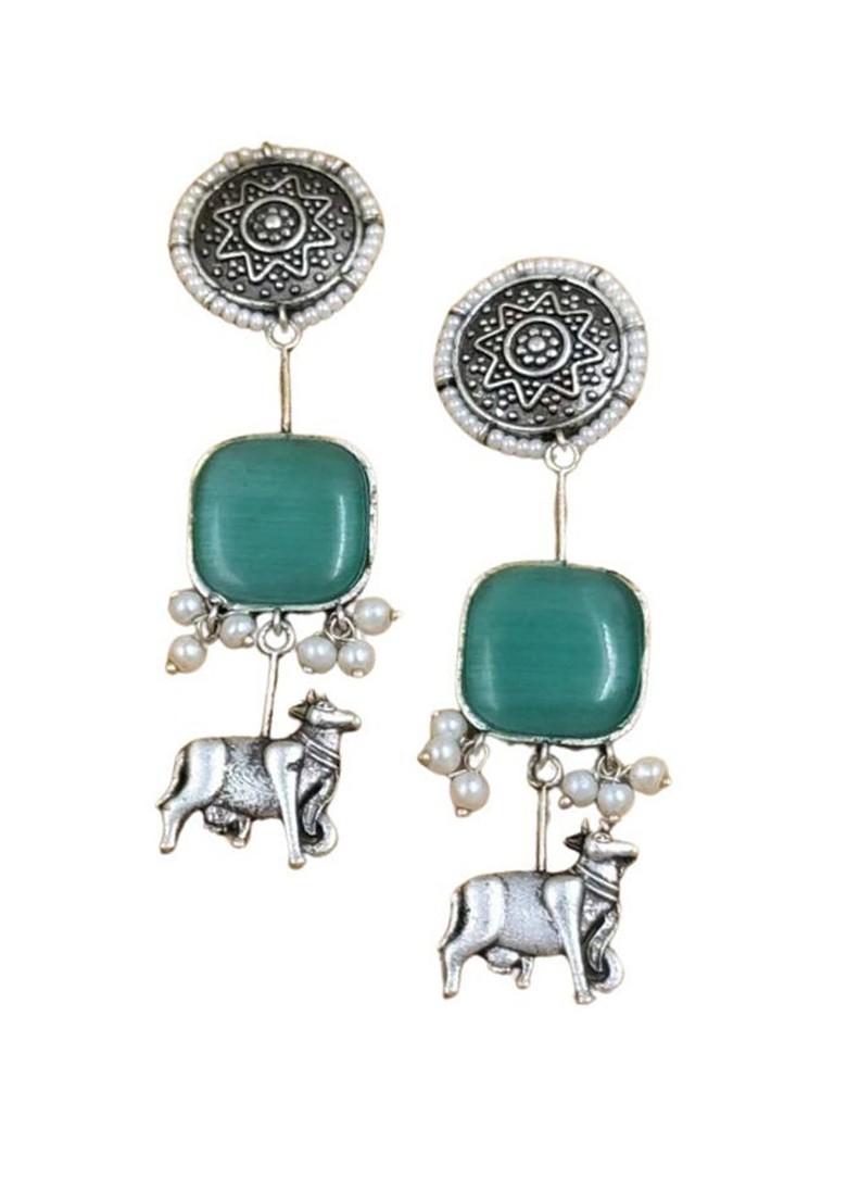 Silver Plated Stones Studded And Beaded Animal Shaped Oxidised Drop Earrings