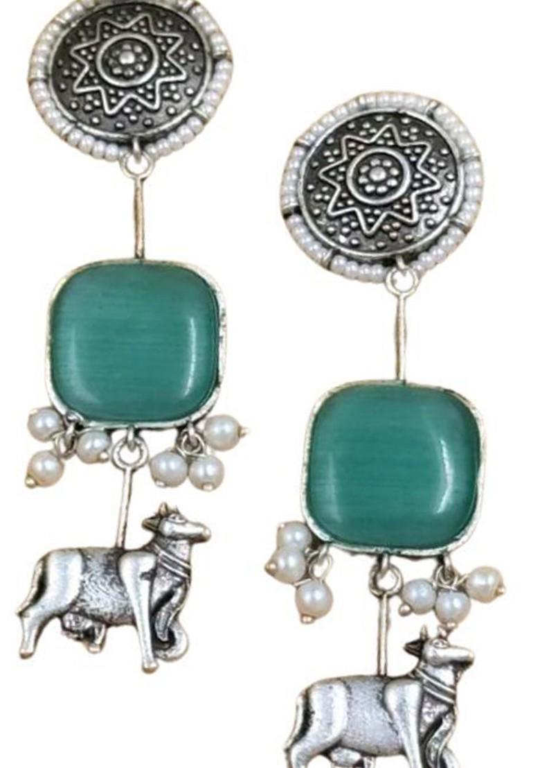 Silver Plated Stones Studded And Beaded Animal Shaped Oxidised Drop Earrings