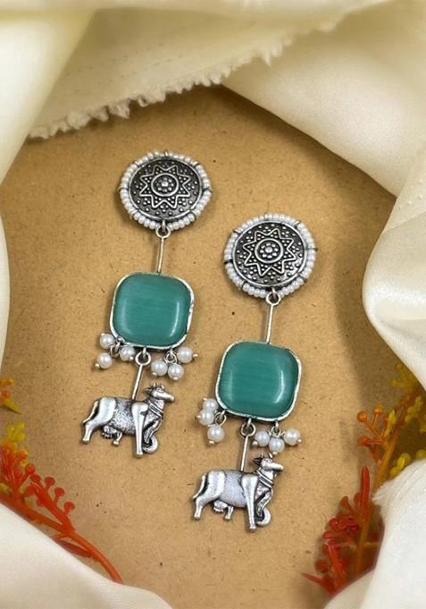 Silver Plated Stones Studded And Beaded Animal Shaped Oxidised Drop Earrings