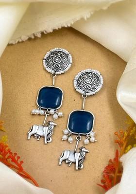 Silver Plated Stones Studded And Beaded Animal Shaped Oxidised Drop Earrings