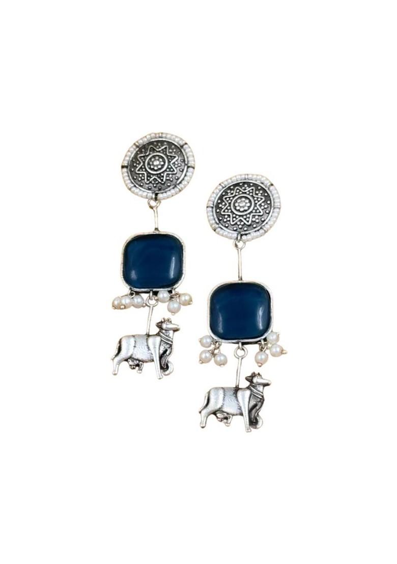 Silver Plated Stones Studded And Beaded Animal Shaped Oxidised Drop Earrings