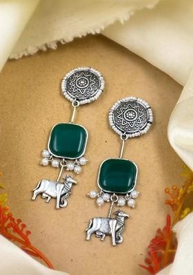 Silver Plated Stones Studded And Beaded Animal Shaped Oxidised Drop Earrings