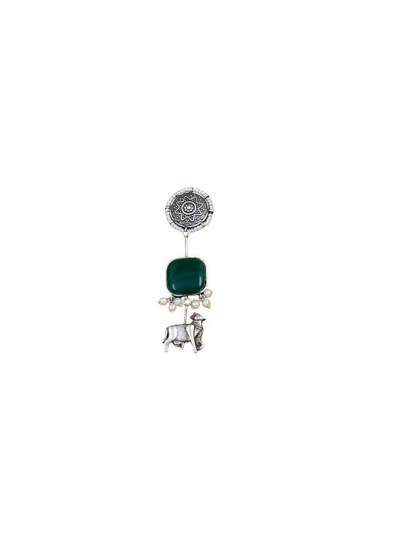 Silver Plated Stones Studded And Beaded Animal Shaped Oxidised Drop Earrings