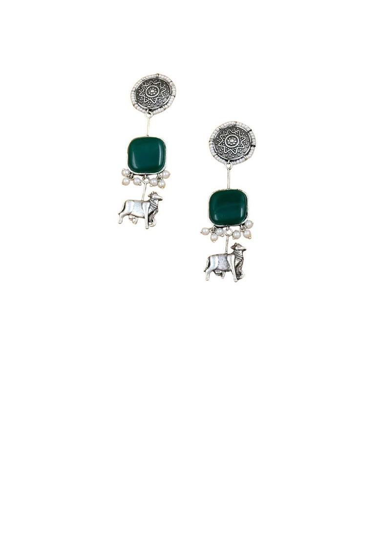Silver Plated Stones Studded And Beaded Animal Shaped Oxidised Drop Earrings