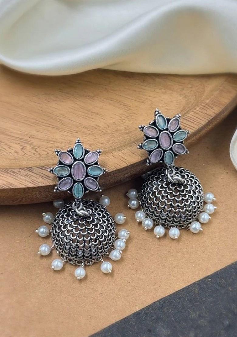 Silver Plated Artificial Stones And Beads Oxidised Contemporary Jhumkas