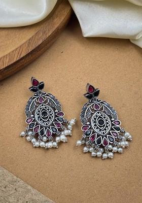 Silver Plated Artificial Stone And Beaded Contemporary Oxidised Drop Earrings