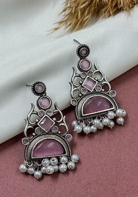 Silver Plated Artificial Stones Studded Contemporary Oxidised Drop Earrings