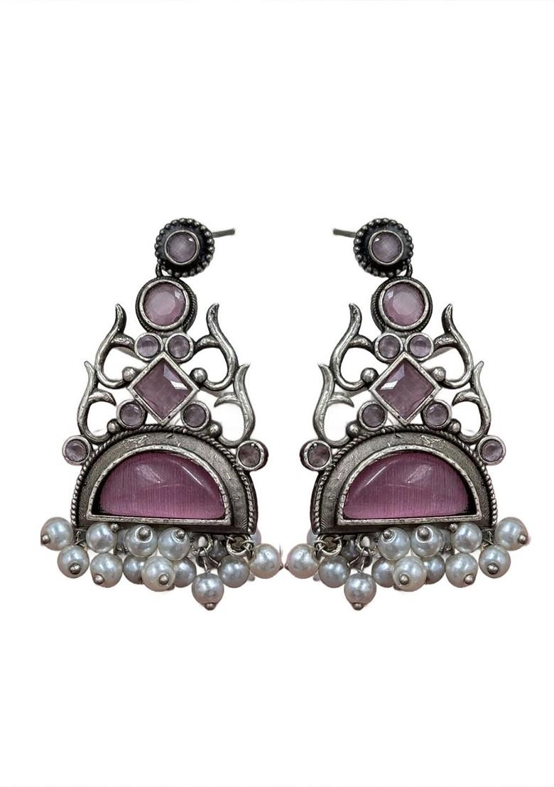 Silver Plated Artificial Stones Studded Contemporary Oxidised Drop Earrings