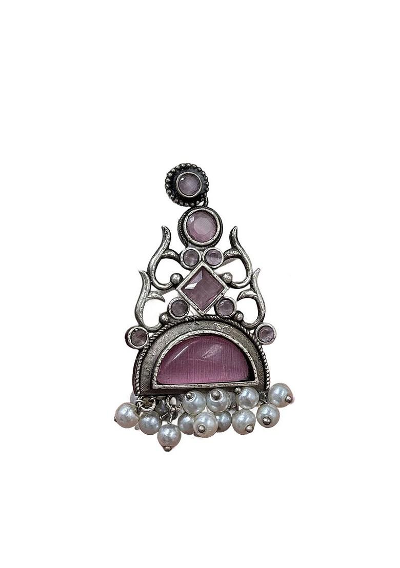 Silver Plated Artificial Stones Studded Contemporary Oxidised Drop Earrings