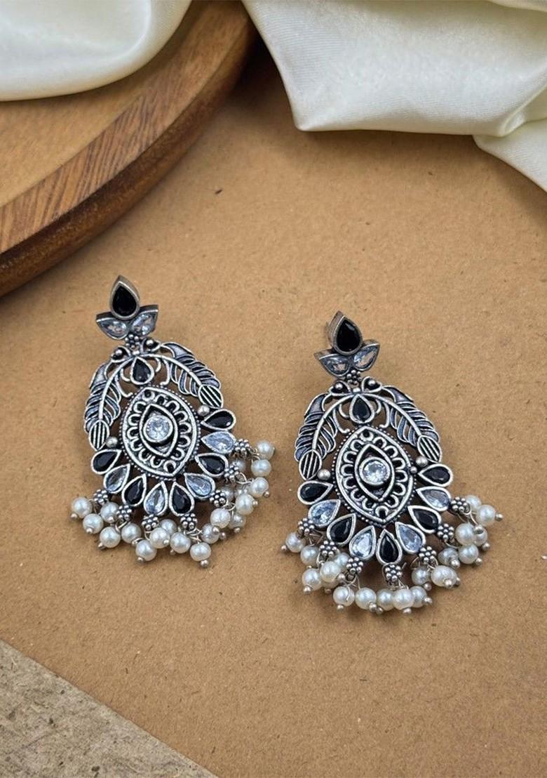 Silver Plated Artificial Stones And Beads Oxidised Contemporary Drop Earrings