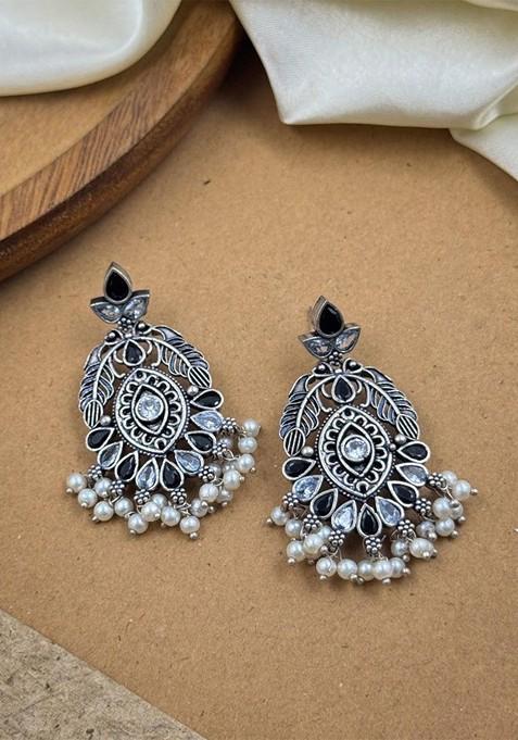 Silver Plated Artificial Stones And Beads Oxidised Contemporary Drop Earrings
