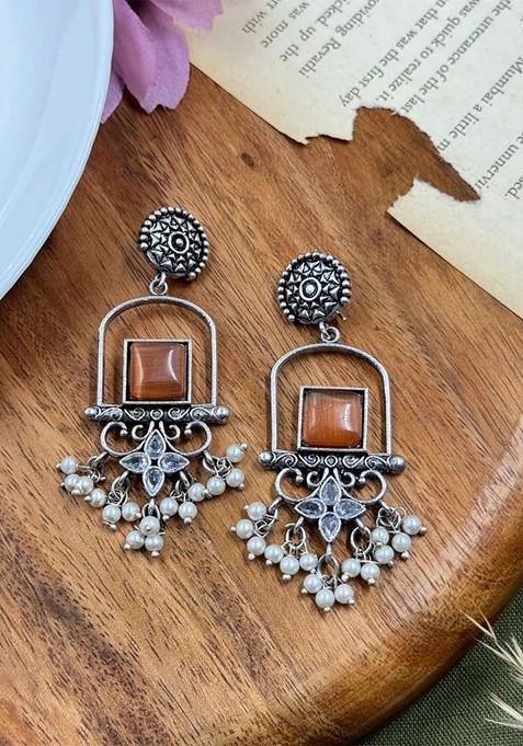 Silver Plated Artificial Stones Studded Contemporary Drop Earrings