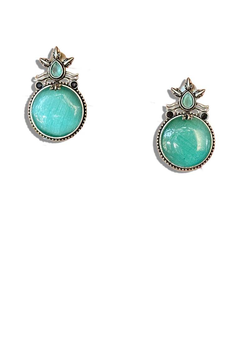 Silver Plated Artificial Stones Studded Circular Oxidised Drop Earrings