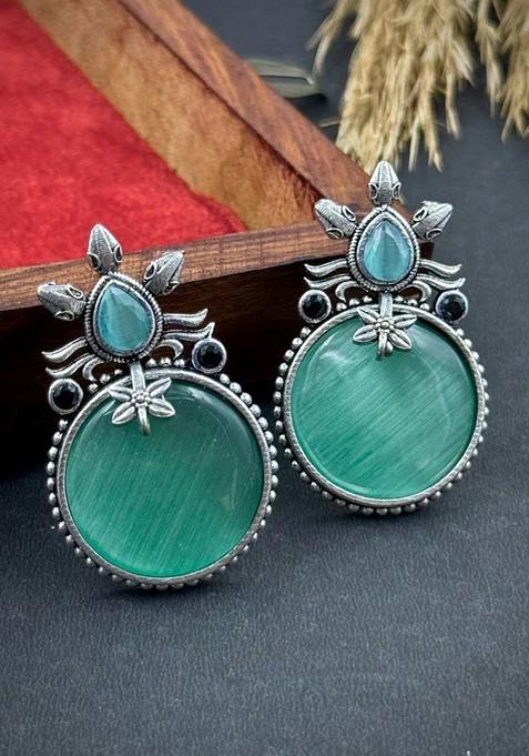 Silver Plated Artificial Stones Studded Circular Oxidised Drop Earrings