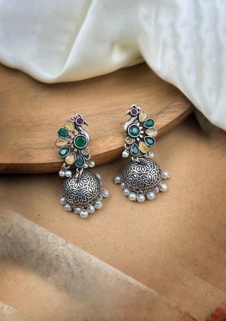 Silver Plated Artificial Stones And Beads Oxidised Contemporary Jhumkas