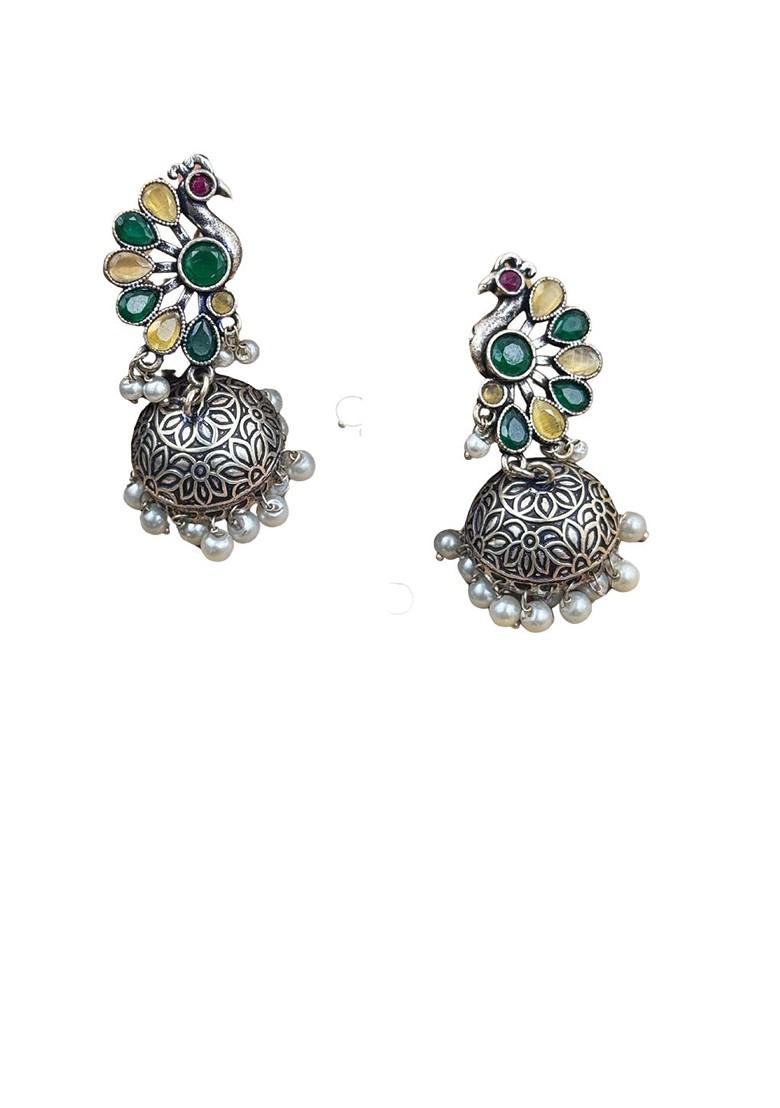 Silver Plated Artificial Stones And Beads Oxidised Contemporary Jhumkas
