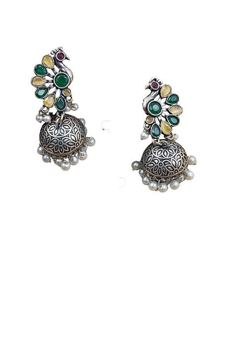 Silver Plated Artificial Stones And Beads Oxidised Contemporary Jhumkas