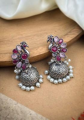 Silver Plated Artificial Stones And Beads Oxidised Contemporary Jhumkas