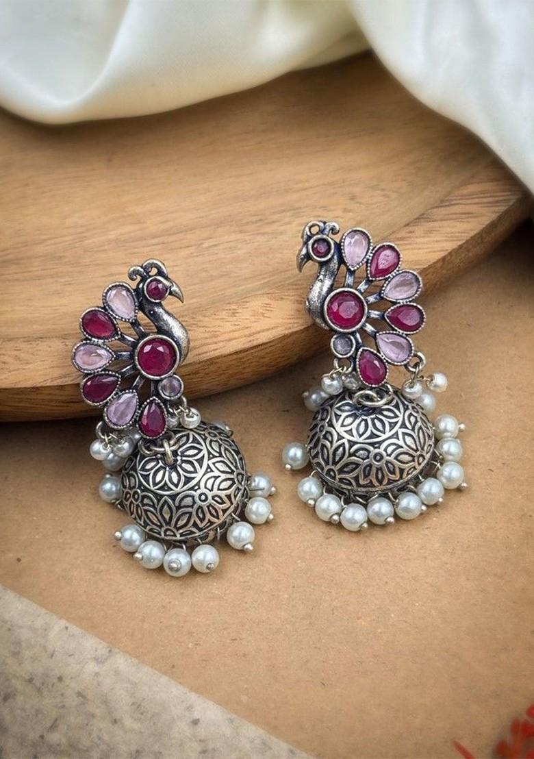 Silver Plated Artificial Stones And Beads Oxidised Contemporary Jhumkas