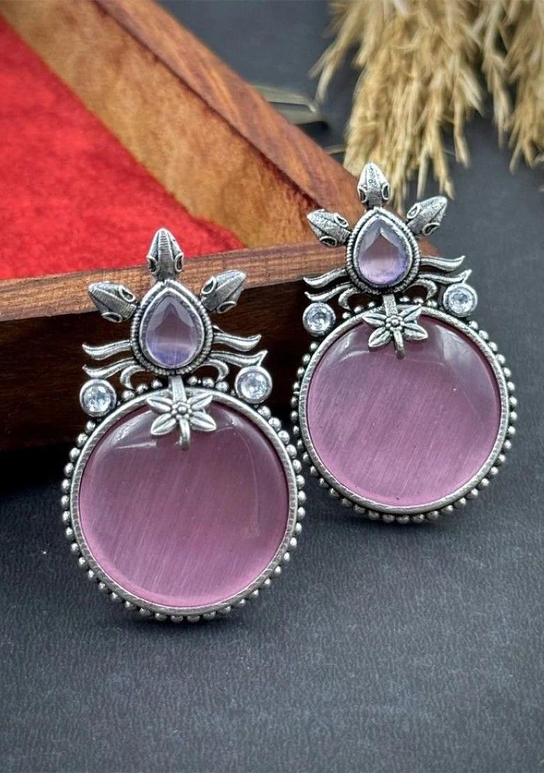 Silver Plated Stones Studded Circular Oxidised Drop Earrings