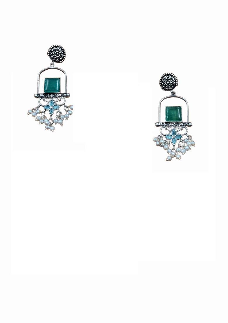 Silver Plated Artificial Stones Studded And Beaded Oxidised Drop Earrings