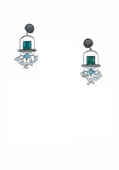 Silver Plated Artificial Stones Studded And Beaded Oxidised Drop Earrings