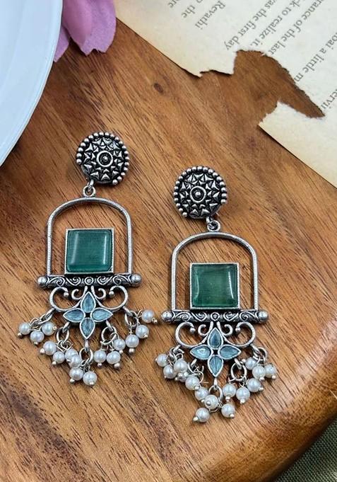 Silver Plated Artificial Stones Studded And Beaded Oxidised Drop Earrings