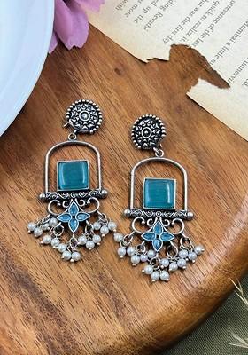 Silver Plated Artificial Stones Studded Geometric Drop Earrings