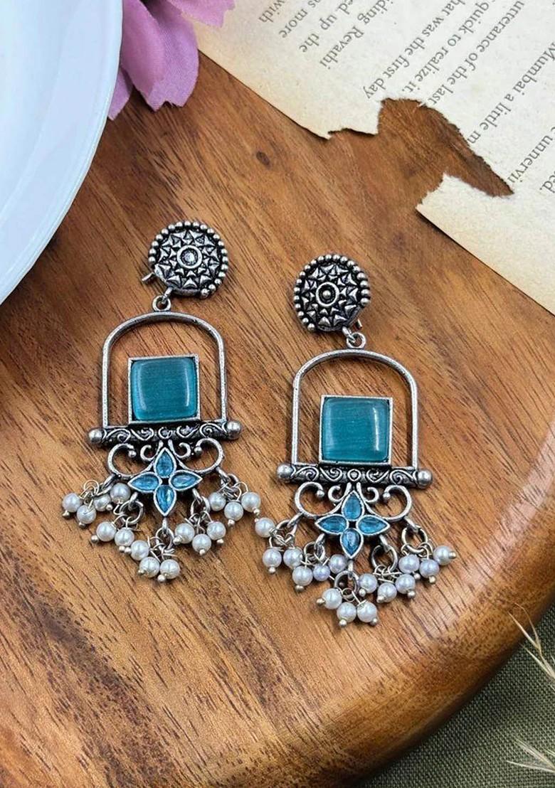 Silver Plated Artificial Stones Studded Geometric Drop Earrings