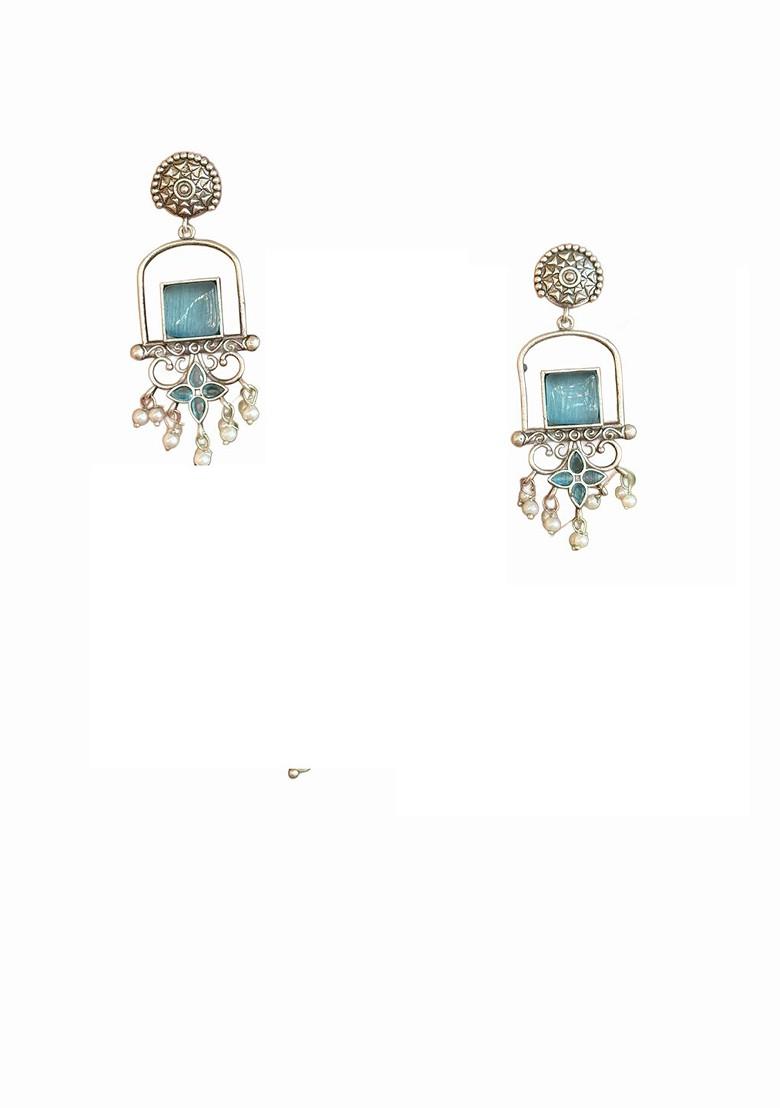 Silver Plated Artificial Stones Studded Geometric Drop Earrings